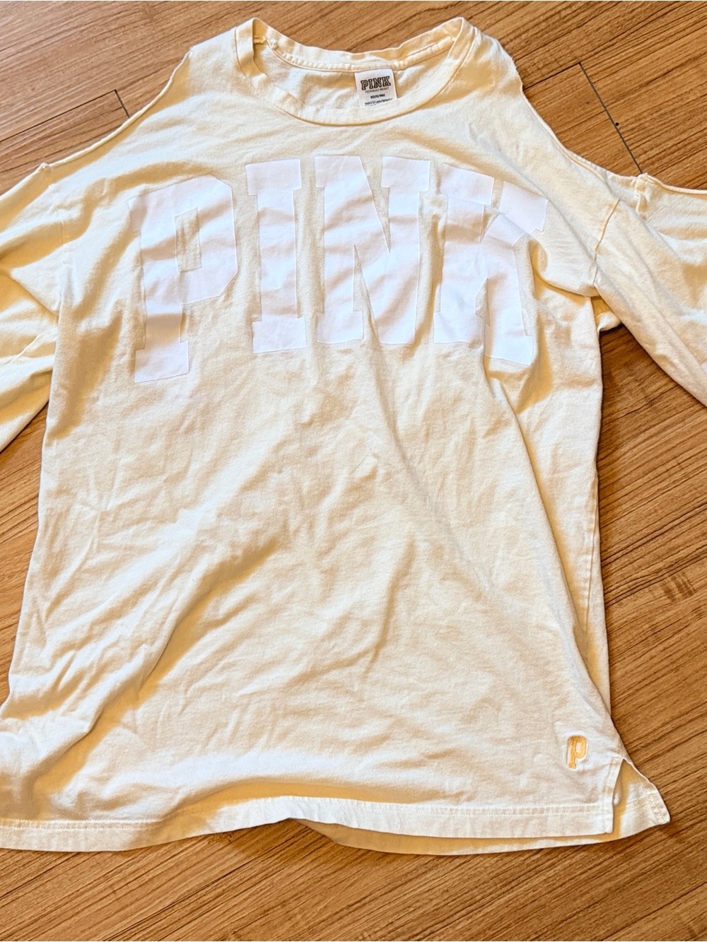 PINK Victoria's Secret Pale Yellow Long Sleeve Crewneck with white Logo